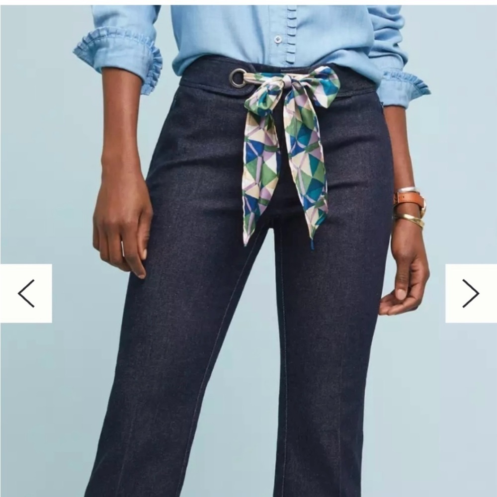 Anthropologie Women's Crop Flare Jeans Trouser Pants Scarf Tie Dark Wash‎ Size 4